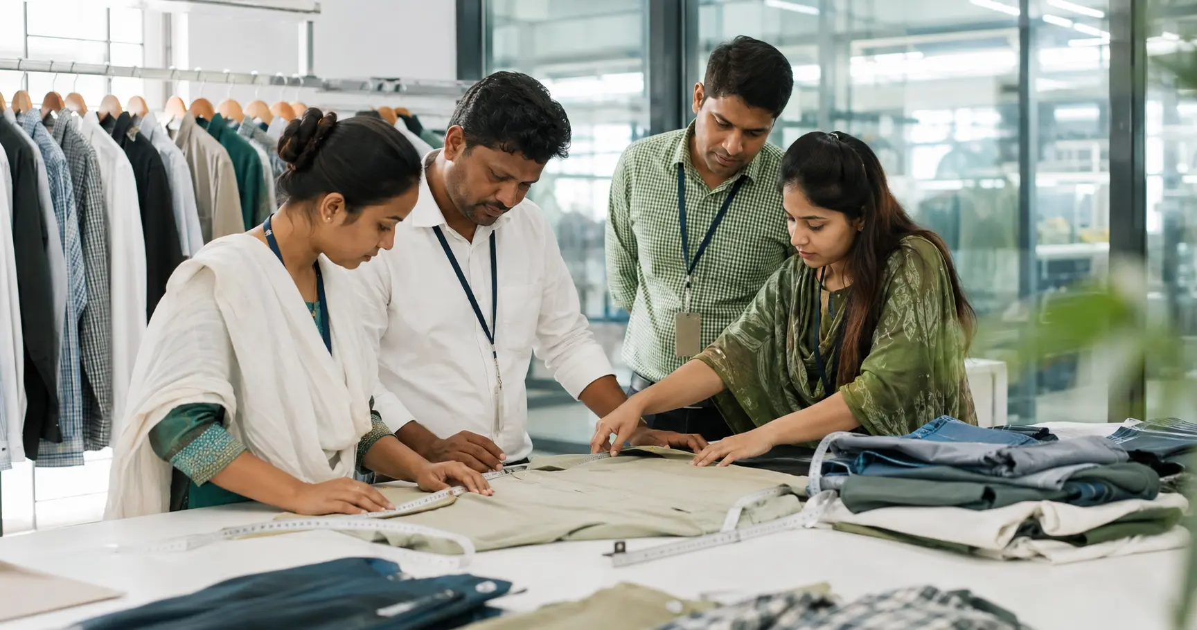 Apparel professionals reviewing garment construction